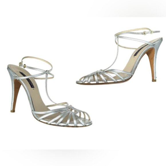 RALPH LAUREN COLLECTION strappy silver ankle strap heels - 4" - Picture 1 of 13
